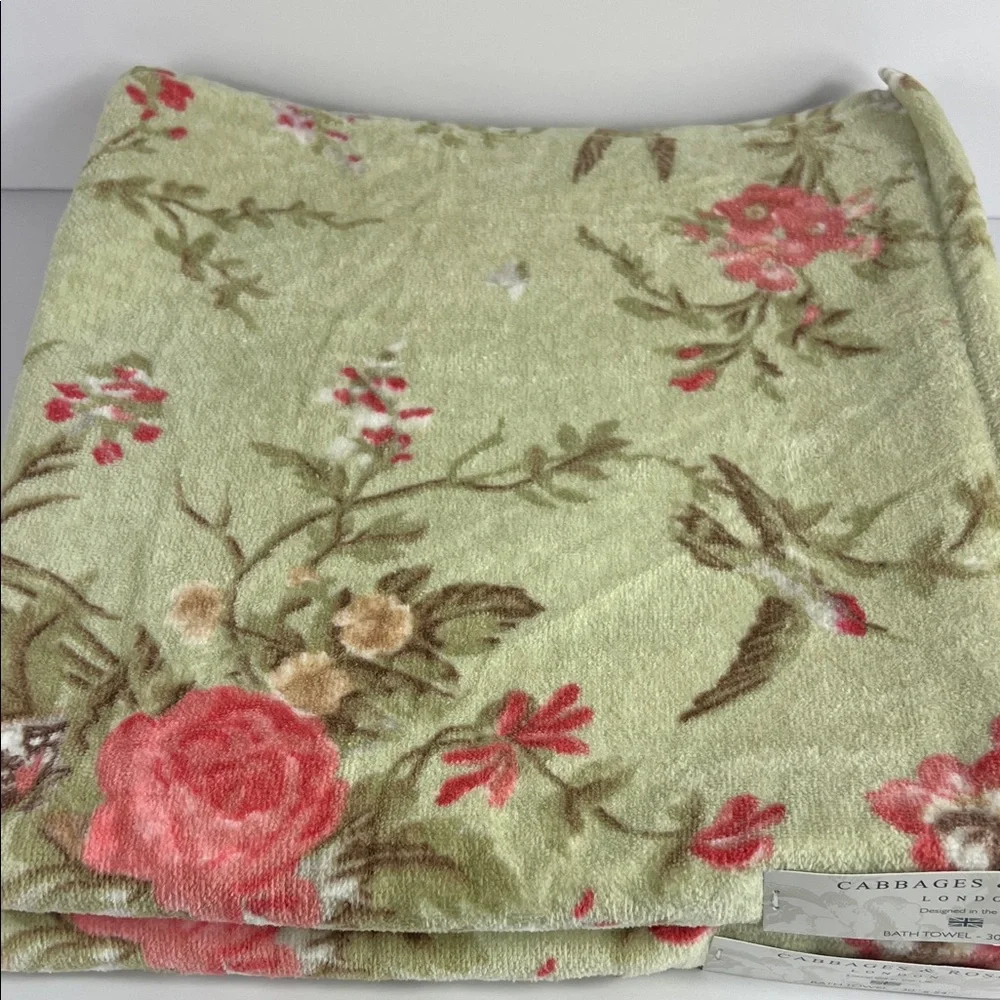 Cabbages & Roses London Bath Towels Green Pink Floral Velour Cotton 2 Pc Set NEW